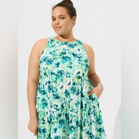 Torrid Maxi Gauze Halter Tiered Dress Watercolor Floral 3X (22-24) NWT IN PKG - Picture 2 of 6